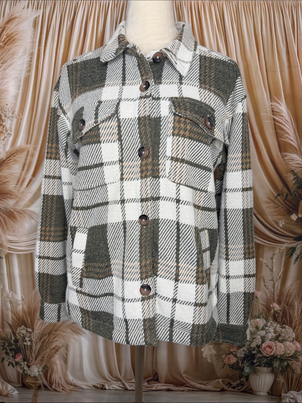 Maurices Olive, White & Tan Plaid Utility Jacket